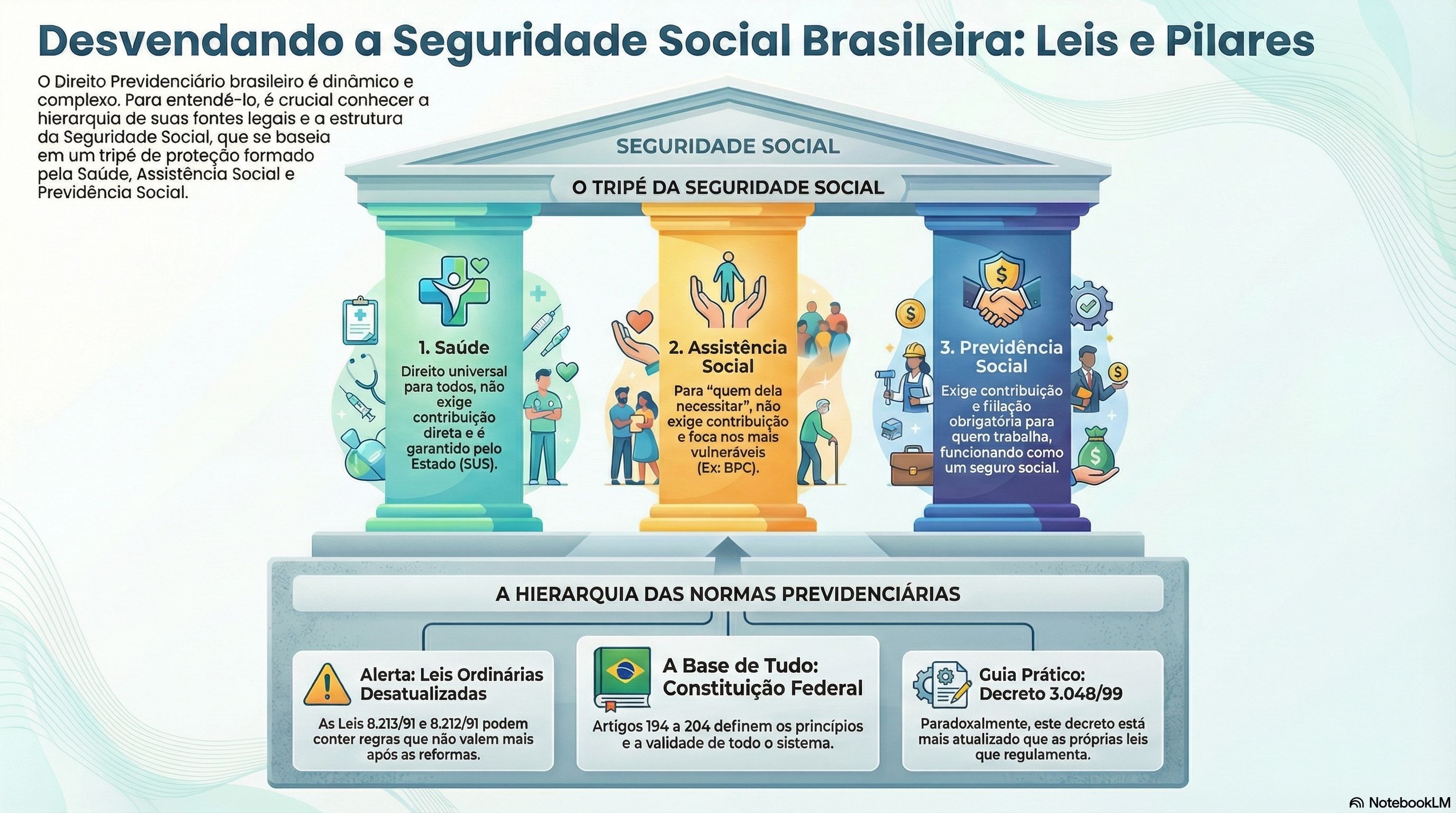 1.1. Introdução ao Direito Previdenciário: A Base Normativa e o Tripé da Seguridade Social (Arts. 194 a 204 da CF; Leis 8.212/91 e 8.213/91; Dec. 3.048/99)